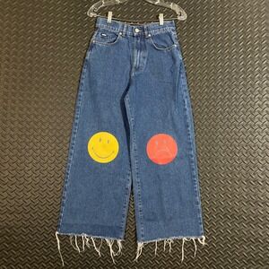 Minga London Blue Smiley Face Knee Patches Raw Hem High Waist Wide Leg Jeans 24"